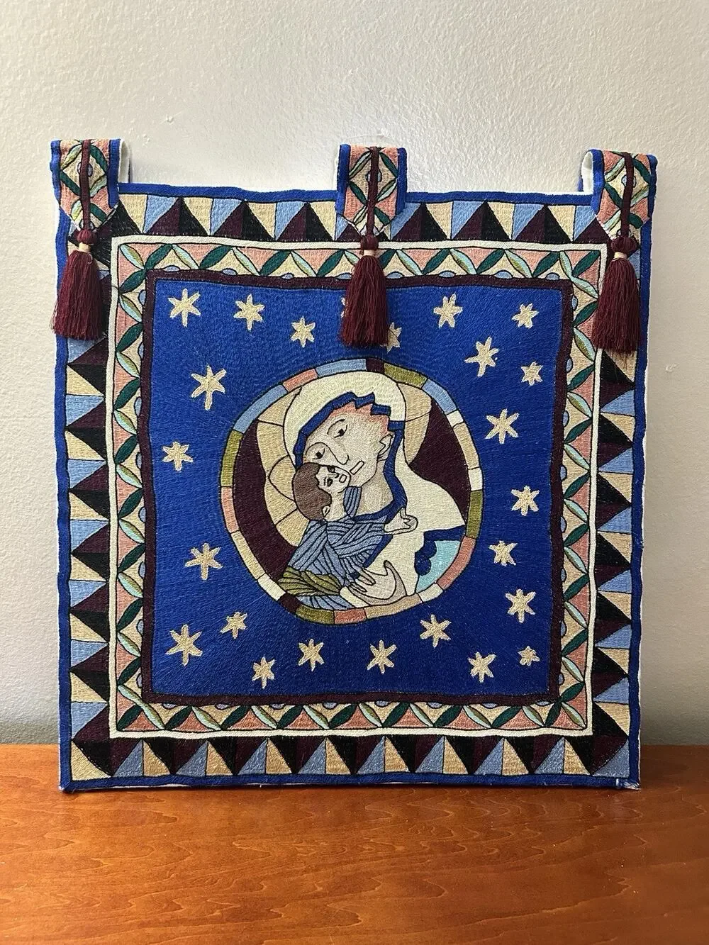 Hand Embroidered Nakshi Kantha Wall Tapestry Virgin Mary & Baby Jesus 18x18